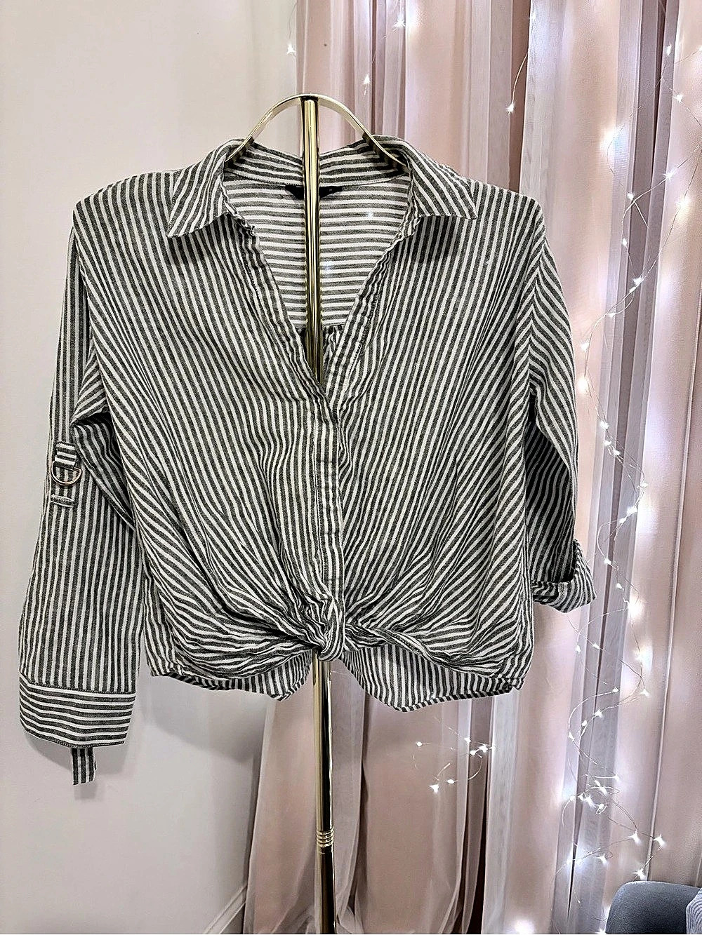 Striped Tie-Front Blouse in Green & White Like New